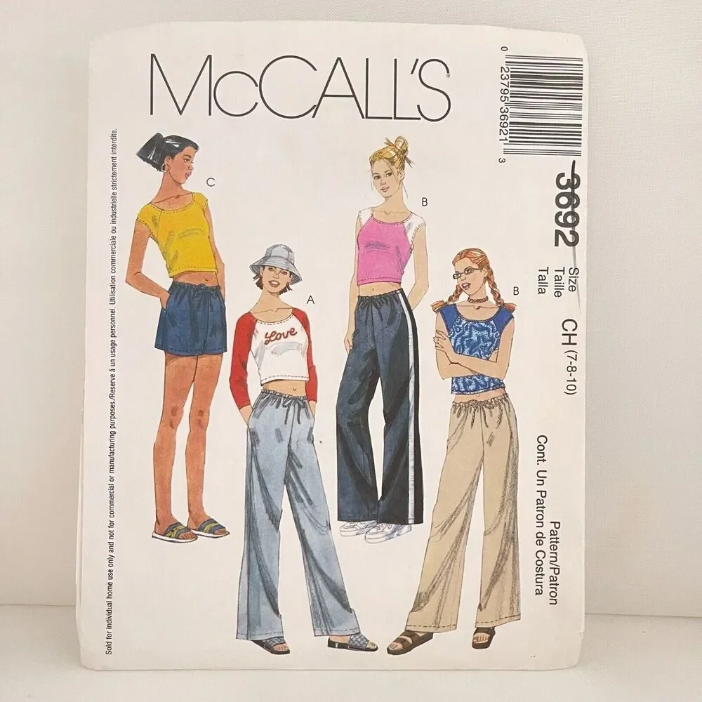 #3692 McCalls Girls Tops Drawstring Pants and Shorts Sewing Pattern Size 7-10